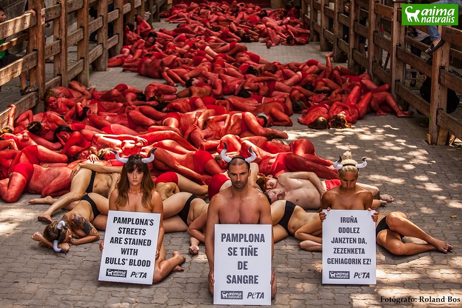 Protestan desnudos y cubiertos de sangre en la Plaza de Toros de Pamplona