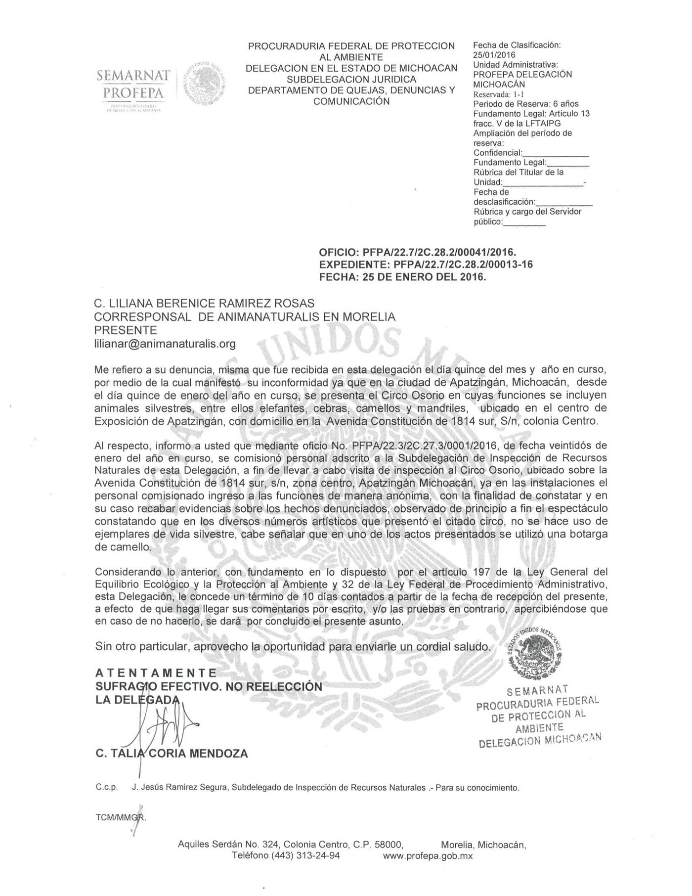 Respuesta de PROFEPA Michoacán a nuestra solicitud sobre circo con animales